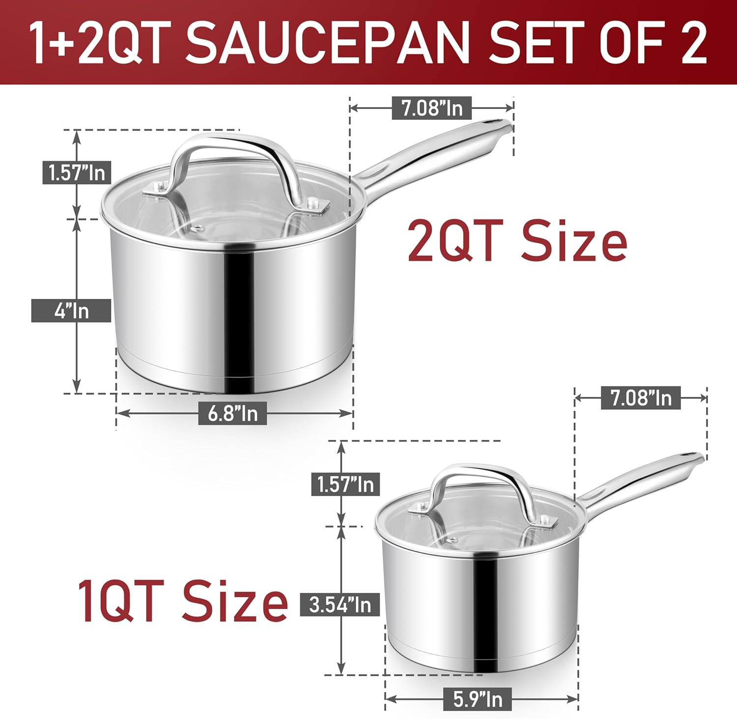 P&P CHEF 1 Quart & 2 Qruat Saucepan with Lid Set, Stainless Steel Small Cooking Pot Induction Sauce Pan for Pasta Soup, Ergonomic Handle & Tri-ply Base, Dishwasher Safe, 2 Pan
