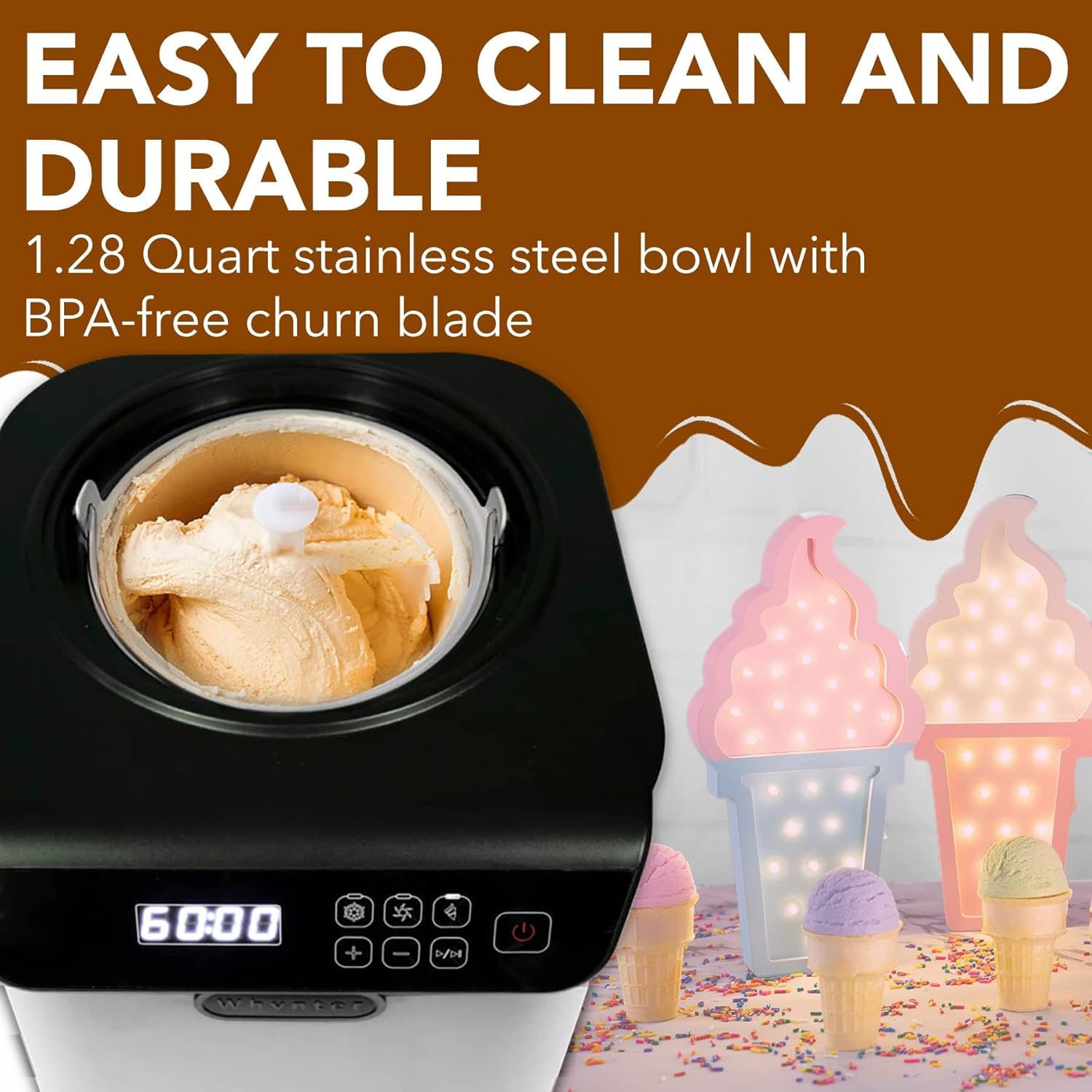 Whynter Ice Cream Maker Machine Automatic 1.28 Qt Upright with Built-in Compressor, LCD Digital Display & Timer, No Pre-Freezing, ICM-128WS, White