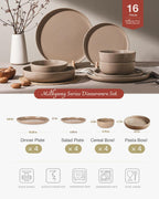 Famiware Milkyway Stoneware Dinnerware Sets with Pasta Bowls, Service for 4 (16 Pieces), Plates and Bowls Sets -Scratch Resistant, Microwave and Dishwasher Safe Dishes Set, Cinnamon Brown