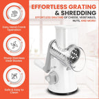 Rotary Cheese Grater Hand Crank with handle - Upgraded strong suction, changeable blades, handheld kitchen aid 3-in-1 Cheese Shredder. Kitchen Rotary Grater Slicer for Fruit, Vegetables, Nuts
