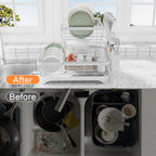Dish Drying Rack - Auto Draining Dish Rack for Kitchen Counter, Large Capacity Dish Drainers Organizer with Drainboard, 2-Tier Drying Rack with Utensil Holder White