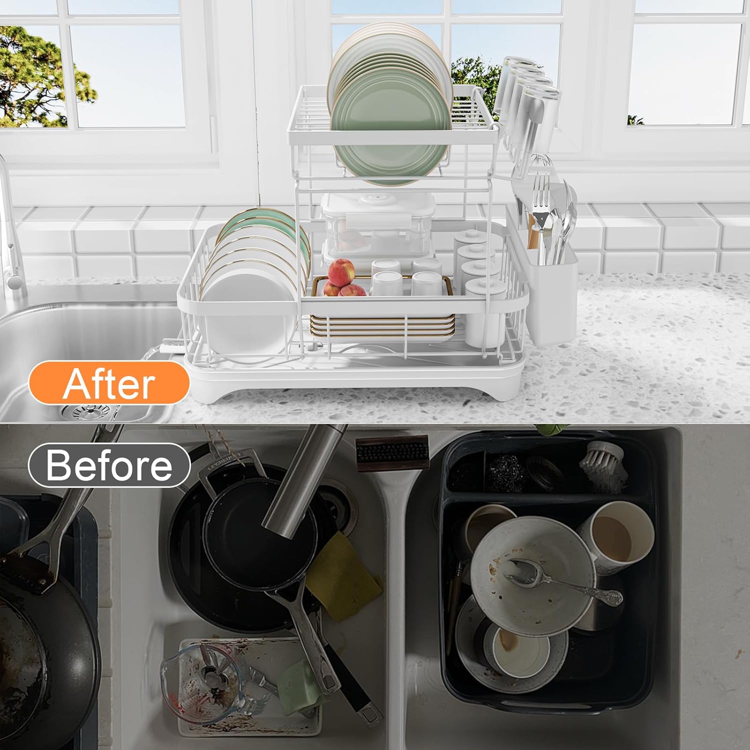 Dish Drying Rack - Auto Draining Dish Rack for Kitchen Counter, Large Capacity Dish Drainers Organizer with Drainboard, 2-Tier Drying Rack with Utensil Holder White