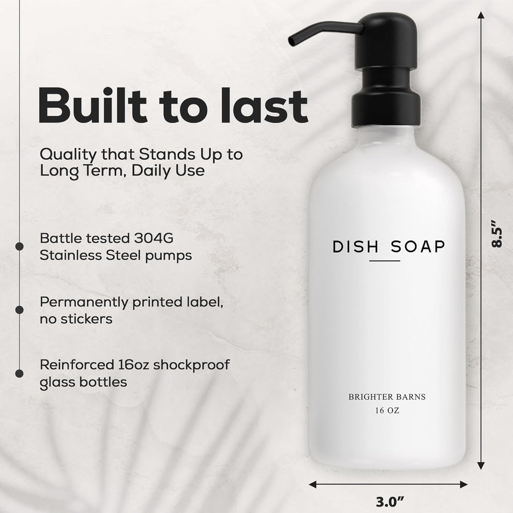 White Glass Hand and Dish Soap Dispenser Set by Brighter Barns - Kitchen Soap Dispenser & Stainless Steel Pump - Glass Bottles for Kitchen Sink - Farmhouse Home Decor, Bathroom Accessories (White)