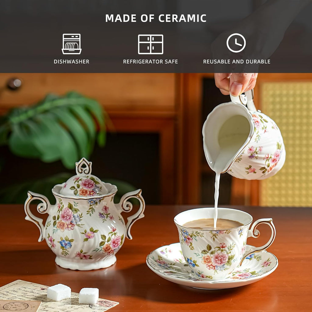 Sugar and Creamer Set Ceramic, Creamer Pitcher and Sugar Bowl with Lid, Creamer Pitcher with Handle,Sugar Cube Dish Coffee or Tea (White with small flowers)