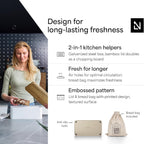 LARS NYSØM Bread Box I Metal Box with linen bag for long lasting freshness I Bread Bin with bamboo lid usable as cutting board I 13.4x7.3x5.3In (Taupe Brown)