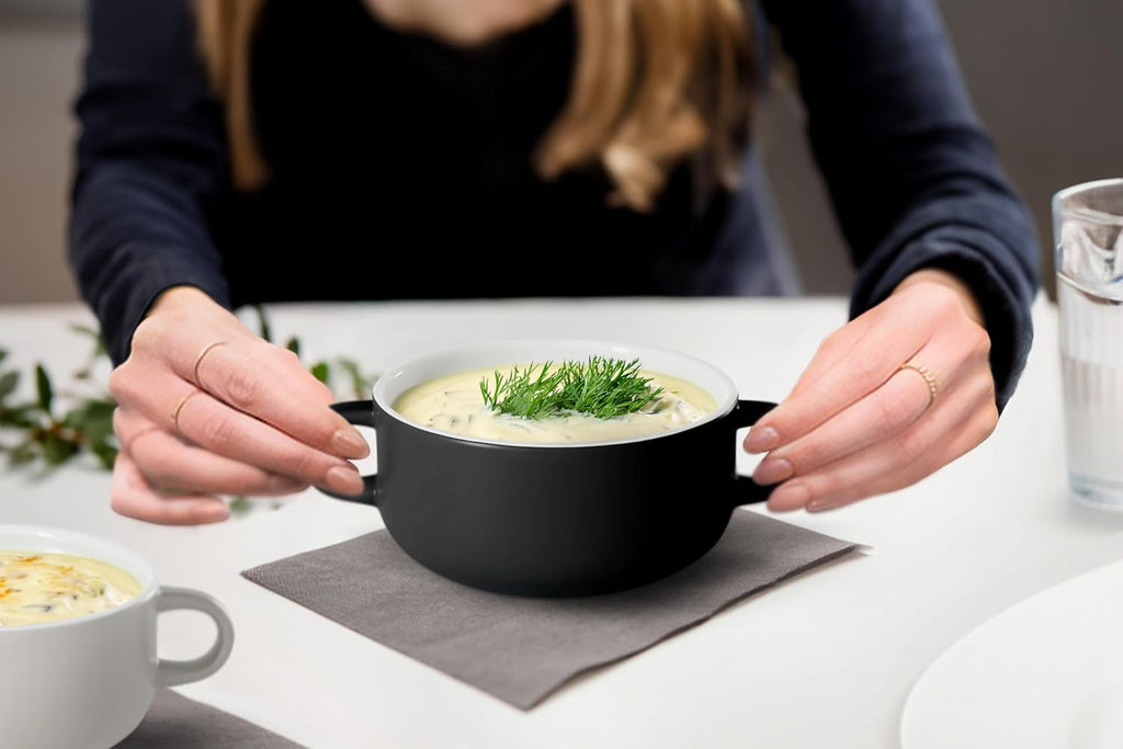 Kook Soup Crocks, Ceramic Bowls, Broil, Oven, Microwave and Dishwasher Safe, with Handles, For Casserole, Pasta, Cereal, 18 oz, Set of 4 (Black)