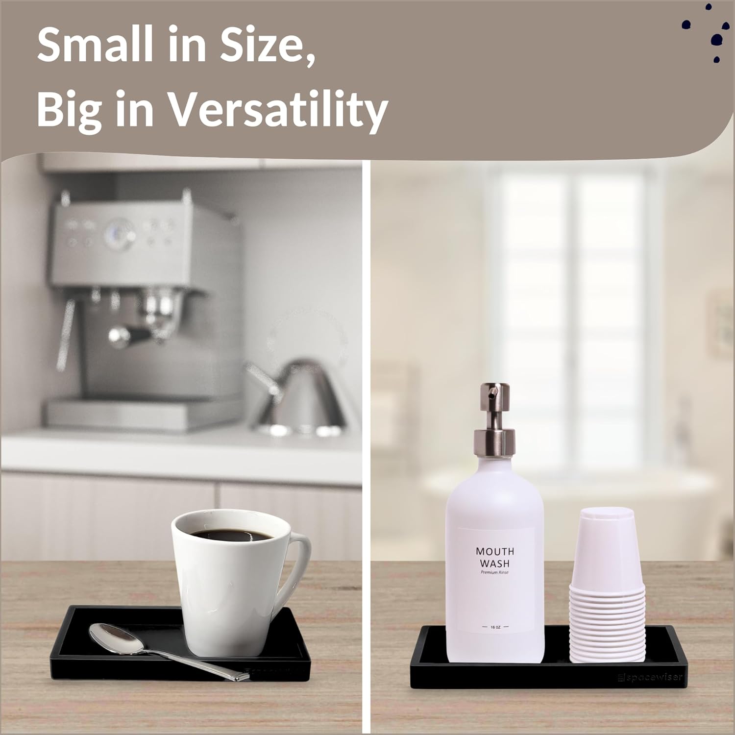 Countertop and Vanity Tray – Small 7.7” Silicone Tray, Soap Dispenser Trays, Bathroom Trays, Kitchen Soap Holder Sink Organizer Counter Caddy for Soaps Bottle Keys, Sponge Holder Dish Black