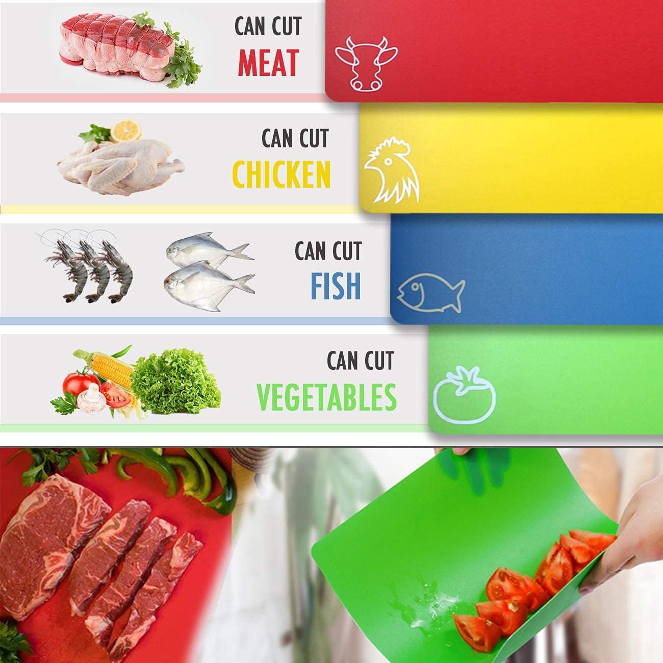 Fotouzy Plastic Cutting Boards for Kitchen, Flexible Cutting Mats Set of 7 with Food Icons, BPA-Free, Upgrade 100% Anti-skid, Dishwasher Safe, 15x12 In, Rainbow Colors
