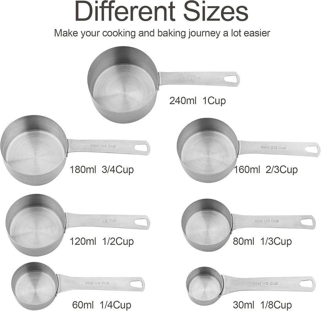 Measuring Cups and Spoons Set, Stainless Steel Measuring Cups, 18/8(304) Material Heavy Duty 7 Measuring cups and 8 Measuring Spoons 1 Leveler and 2 rings Pack 18pcs Per set