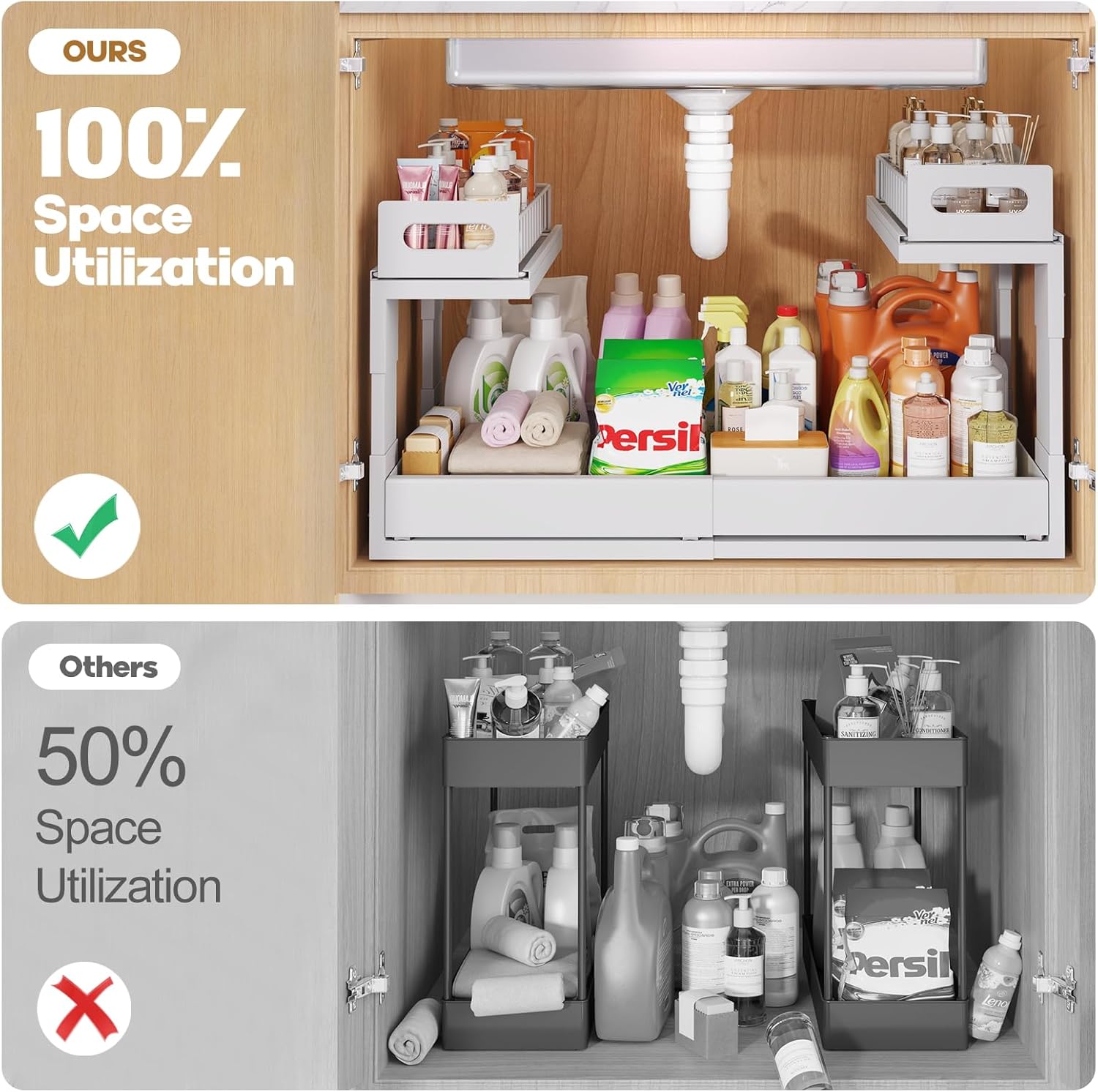 1 Pack-15.7"-25.7"W Expandable Under Sink Organizer With Upgrade Ball-Bearing Slide,2-Tier Pull Out Under Cabinet Organizer Height Adjustable,Not Suitable For Cabinets With Partitions In The Middle