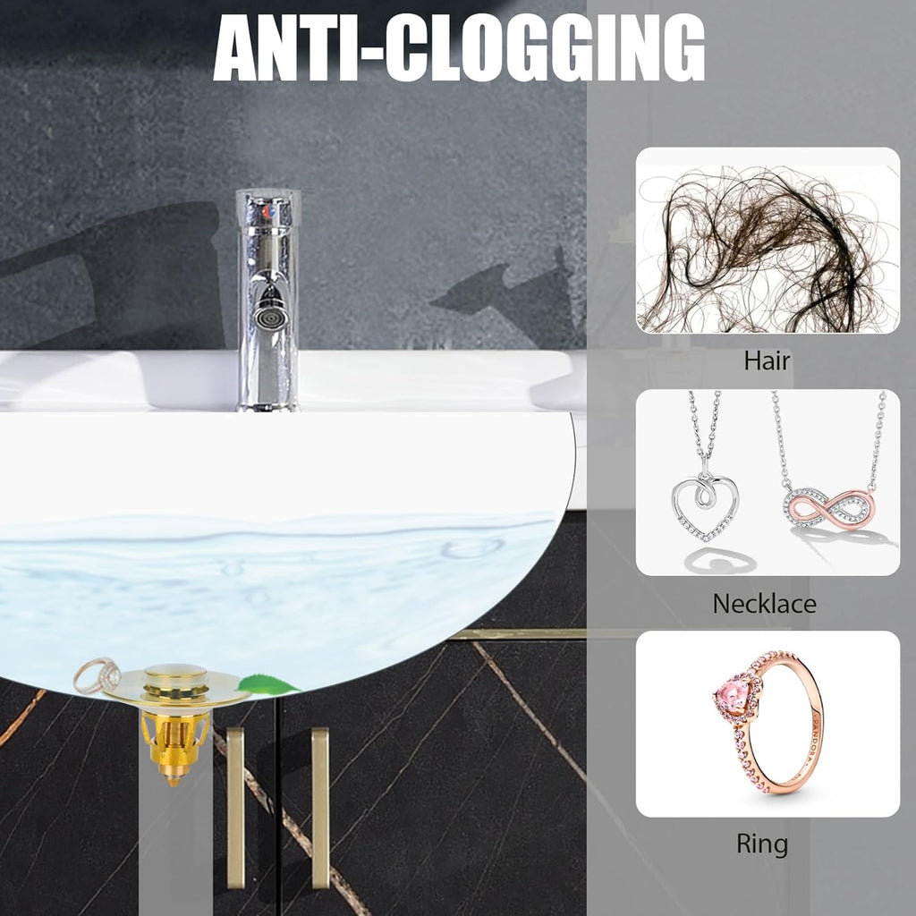 Three colors Bathroom Sink Stopper, 1.1-1.5" Bathroom Sink Drain Strainer, Universal WashBasin Pop Up Drain Stopper, Bounce Core Push Type Sink Plug, Anti-Clogging, Stainless Steel (Gold,1PCS)