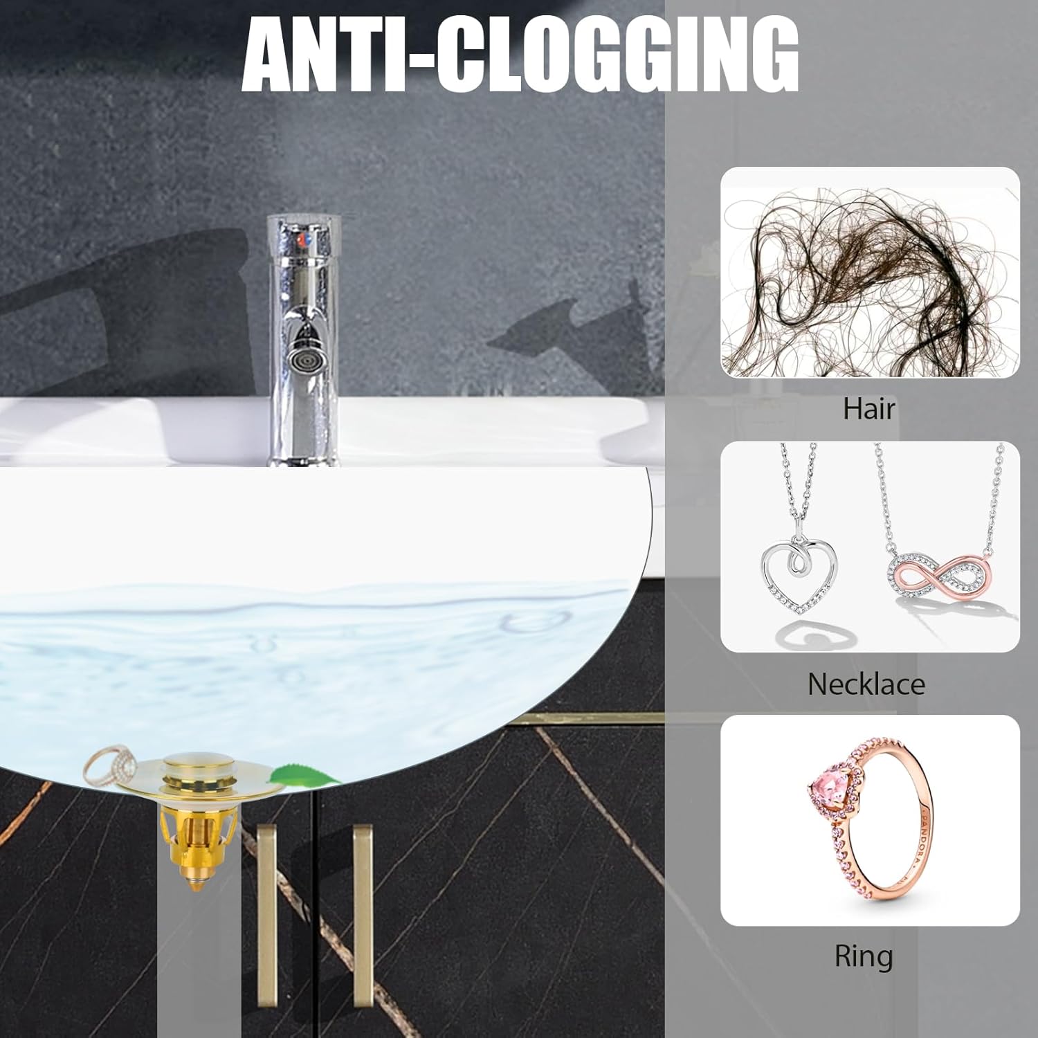 Three colors Bathroom Sink Stopper, 1.1-1.5" Bathroom Sink Drain Strainer, Universal WashBasin Pop Up Drain Stopper, Bounce Core Push Type Sink Plug, Anti-Clogging, Stainless Steel (Gold,1PCS)