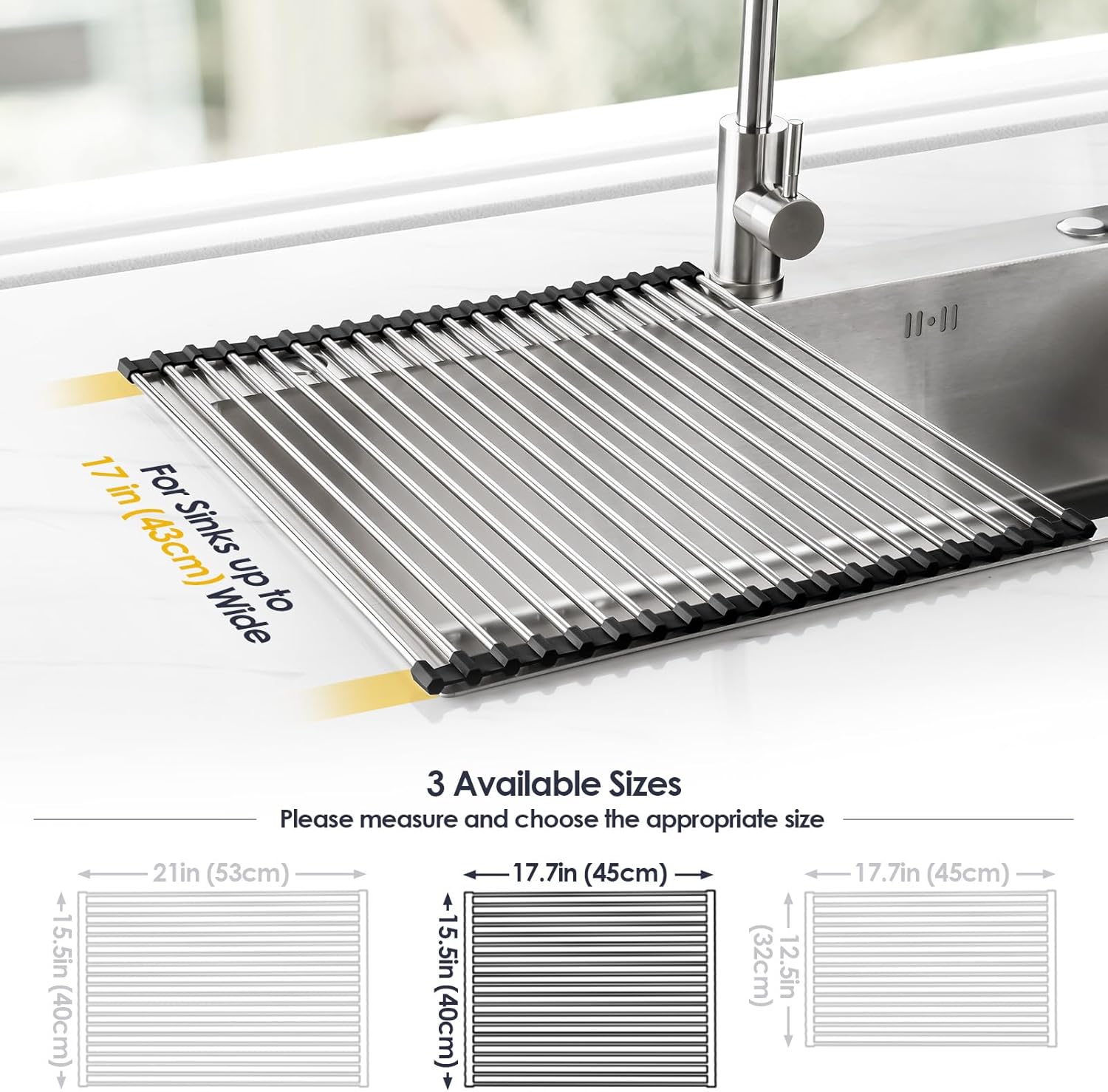 Tomorotec 17.7" x 15.5" Roll Up Dish Drying Rack Over Sink Drying Rack Sink Cover Kitchen Sink Accessories Gadget Multipurpose Organizer Foldable Stainless Steel Drainer