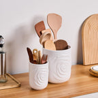 White Ceramic Utensil Holder Set of 2 - Rose Carved Design, Kitchen Countertop Utensil Organizer for Spatula, Spoon & Cooking Tools, Large (7.5") & Small (5.5"), Farmhouse Kitchen Counter Decor