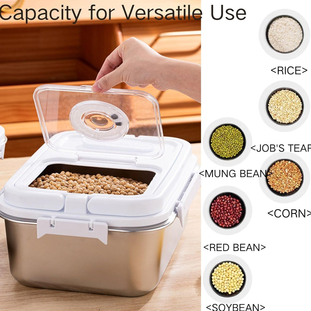 Saim Rice Storage Container Bin, 20lb Stainless Steel Food Storage Containers with Silicone Lid, Measuring Cup, Spoon, Rice Dispenser for Flour, Sugar,and Baking Supplies