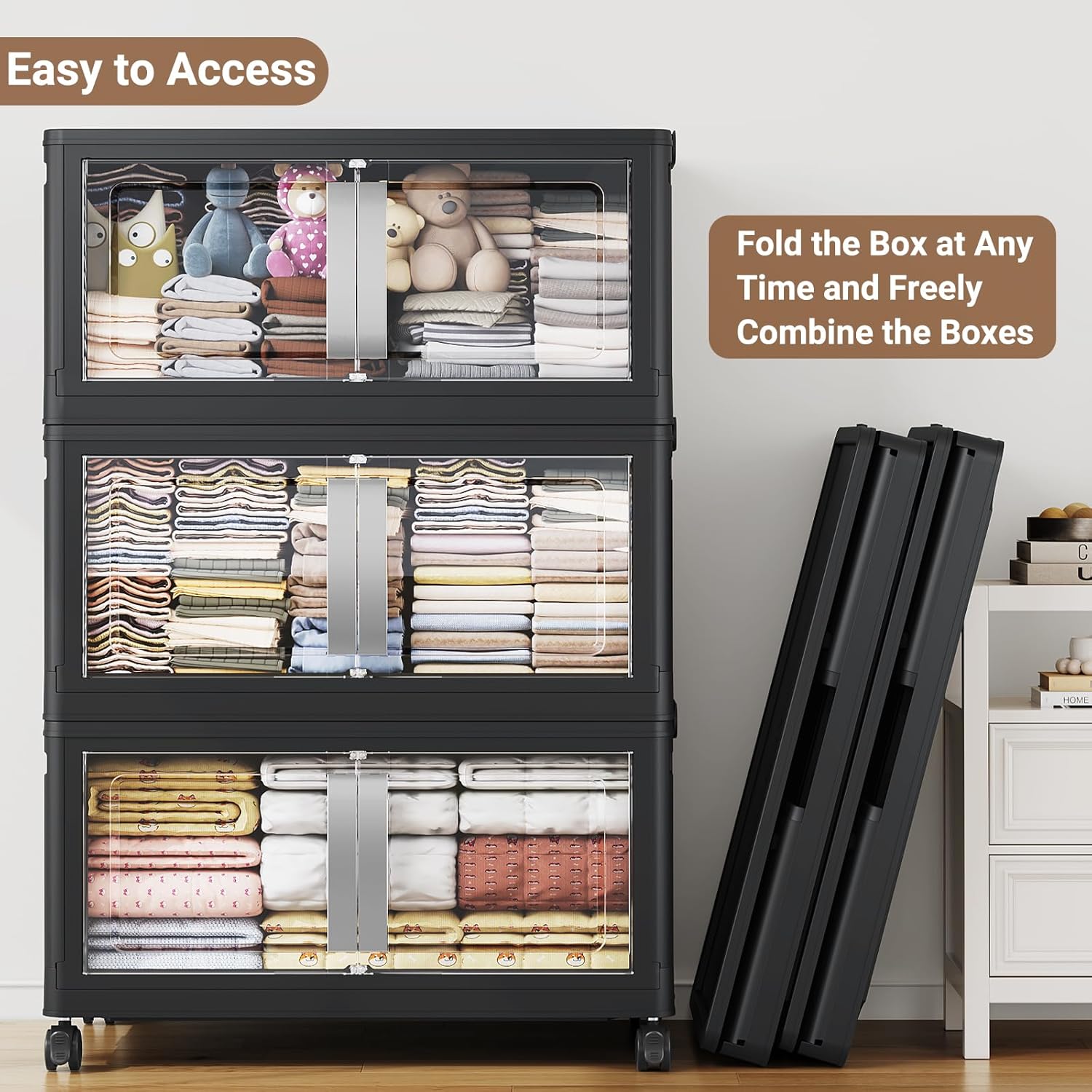 640QT Stackable Storage Bins with Lids, 160Gal Extra Large Collapsible Storage Box with Wheel, Plastic Storages with Clear Door Open Front for Home Bedroom Garage, Black-4pack