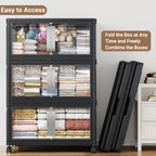 480QT Stackable Storage Bins with Lids, 120Gal Extra Large Collapsible Storage Box with Wheel, Plastic Storages with Clear Door Open Front for Home Bedroom Garage, Black-3pack(3 lids)