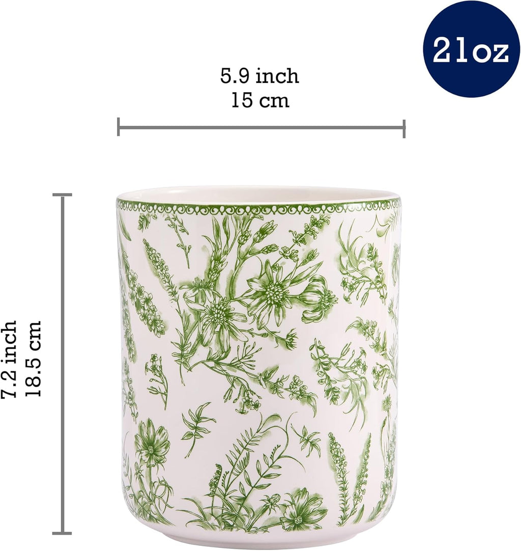 Bico Green Garden Toile De Jouy Ceramic Utensil Holder Set of 2, Ceramic Kitchen Utensil Crocks for Countertop, Large Cooking Tool Holder Counter Decor, Spatula Organizer