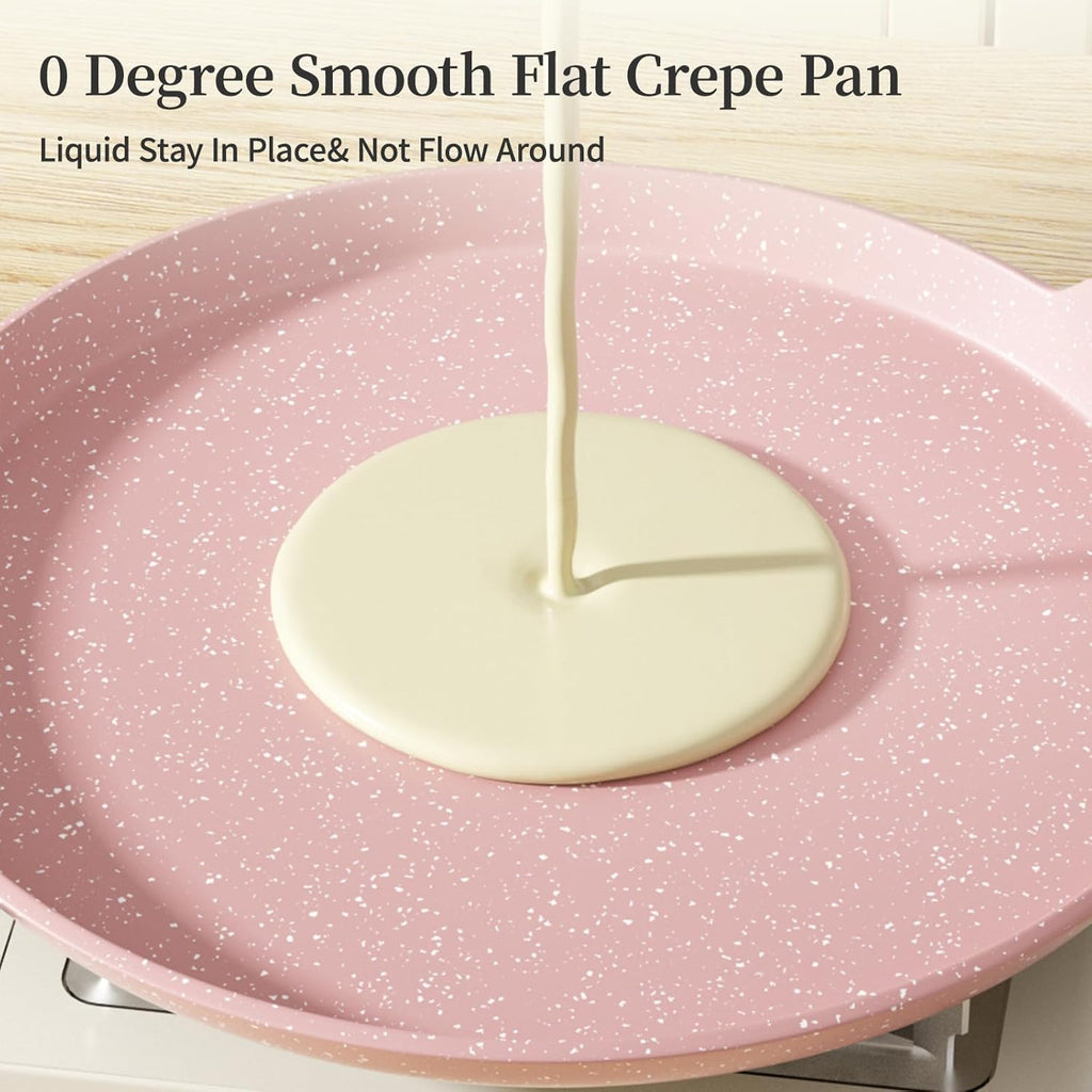 11 inch Nonstick Crepe Pan, Granite Coating Flat Skillet Dosa Tawa Tortilla Pan, Pink Large Pancake Griddle Comal Pan, Compatible with All Stovetops, PFOA Free