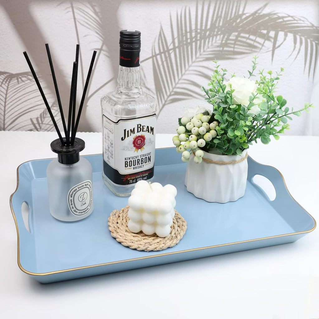 Spsyrine Light Blue Decorative Tray, Elegant Plastic Serving Tray with Handles, Coffee Table Tray for Ottoman, Living Room, Home Decor