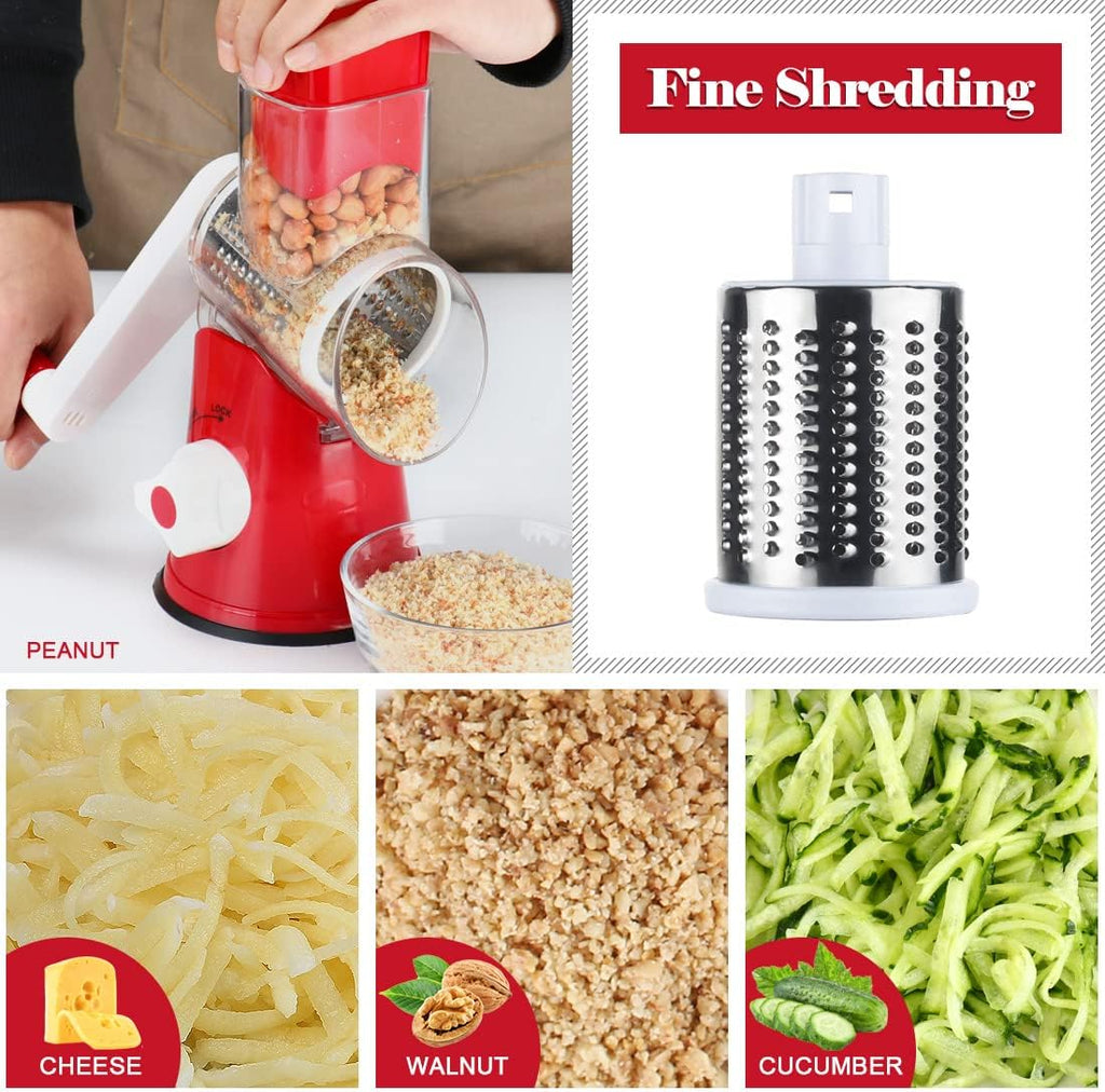 Ourokhome Rotary Cheese Grater Hand Crank, Kitchen Shredder Speed Mandolin Slicer Nut Grinder with Handle and Drum Blades for Cheese, Vegetable, Walnut, Chocolate, Potato, Carrot, 3 Blades, Red