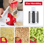 Ourokhome Rotary Cheese Grater Hand Crank, Kitchen Shredder Speed Mandolin Slicer Nut Grinder with Handle and Drum Blades for Cheese, Vegetable, Walnut, Chocolate, Potato, Carrot, 3 Blades, Red