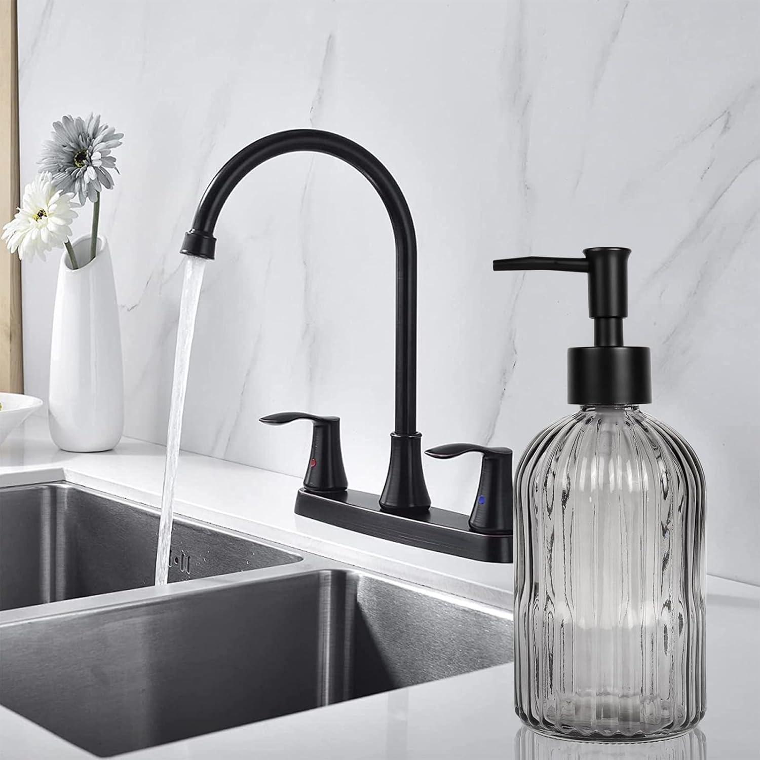 14Oz Black Pump Glass Soap Dispenser, Gray Stripe Countertop Refillable Liquid Bottle Hand Dish Lotion Dispenser with Plastic Pump, for Kitchen, Bathroom