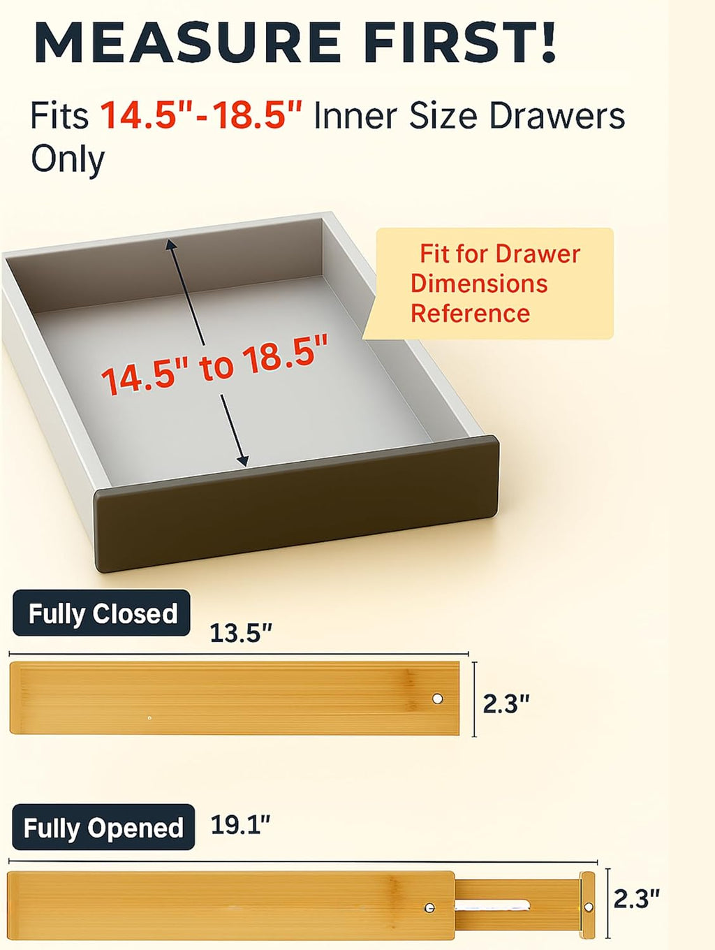 4 Pcs Bamboo Kitchen Drawer Dividers Large 14"-19", Spring Loaded, Works in Kitchen, Adjustable Drawer Organizers, Dresser, Bathroom, Bedroom, Drawer Desk, Office