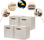 DULLEMELO Storage Bins, 4 Pack Of 13x13x13 Decorative Storage Cube Bins Suit Office, Home, Shelves And Closet, Cube Storage Bin with Leather handle(4 Pack - 13" Beige)