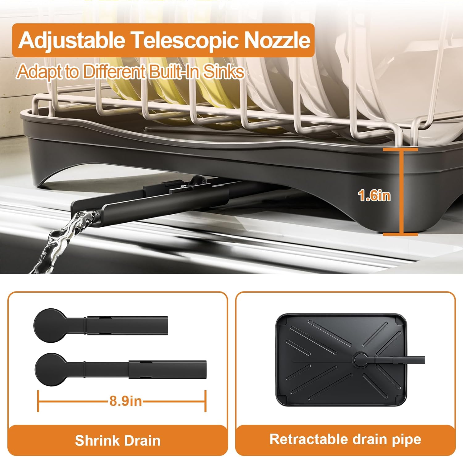 Stainless Steel Dish Drying Rack – 304 Grade Dish Racks for Kitchen Counter with Utensil Holder & Adjustable Spout, Space-Saving Organizer, 16.5" x 11.8" x 5.3" Black