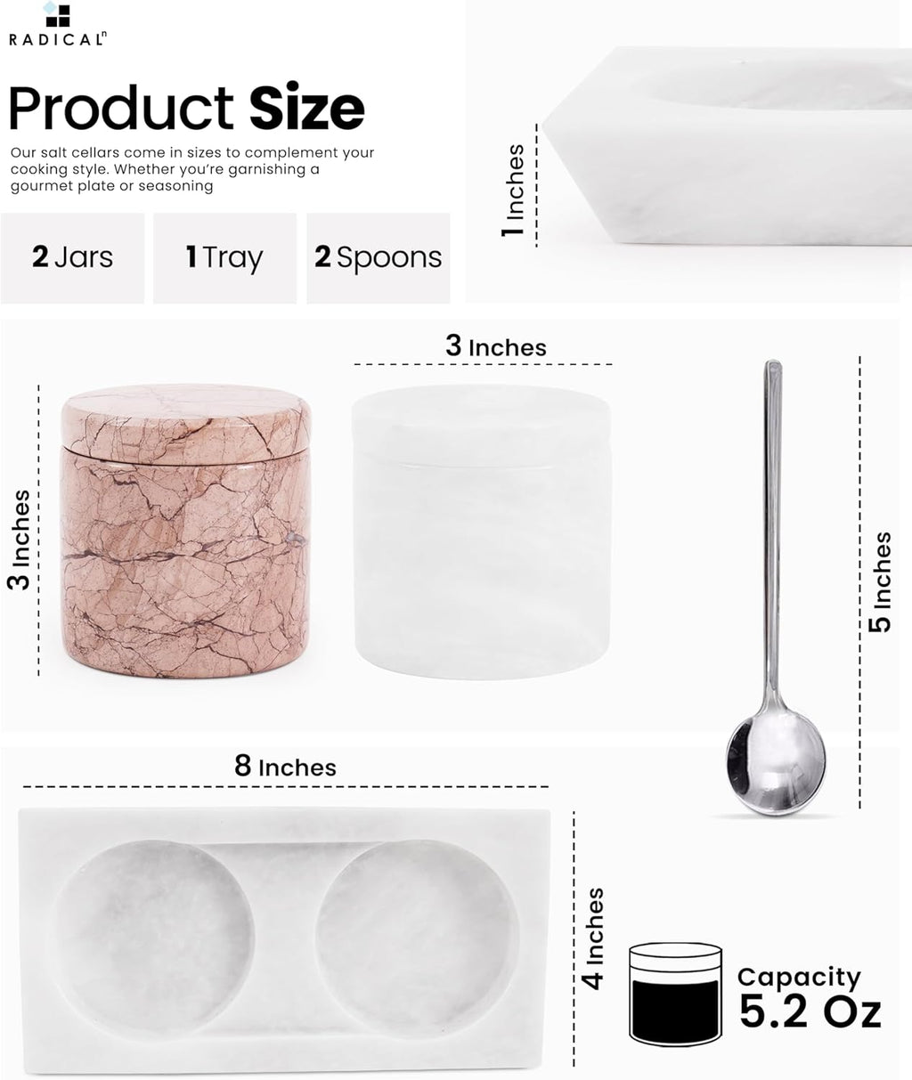 Radicaln Marble Salt Cellar With Lid and Tray 3" Inch White and Marinara Salt Container and Set of 2 Seasoning Jars For Living Room, Ideal Salt Bowl for Countertop