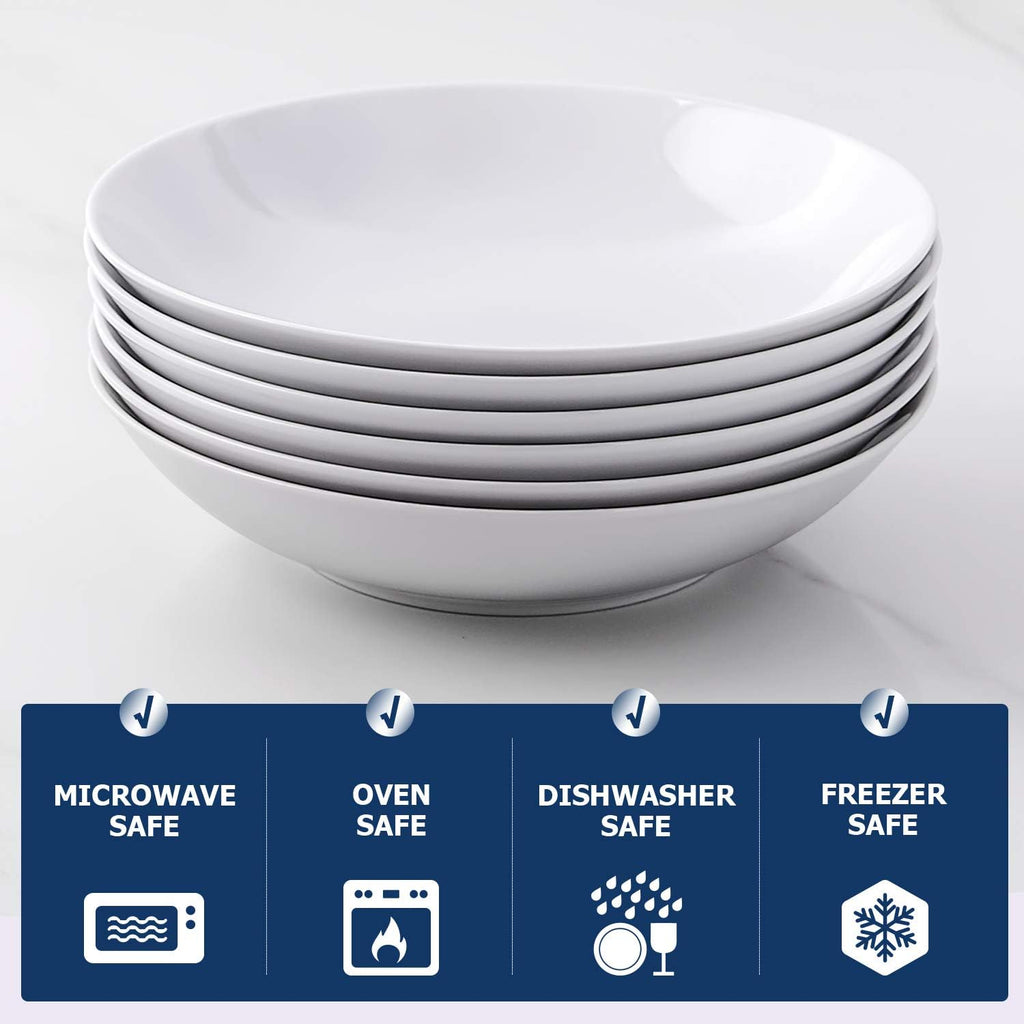 Y YHY 8" Pasta Bowls Set for 6, Porcelain 22oz Salad Bowls Set for Serving Soup, Pasta, Dinner, White Large Kitchen Bowl Plates, Microwave Dishwasher Safe