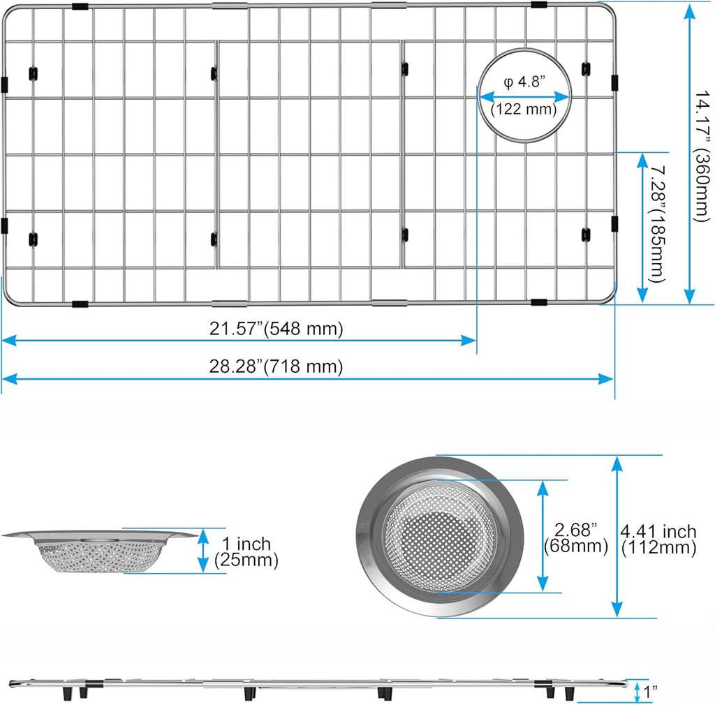 iPEGTOP Sink Bottom Grid, 3-Piece Stainless Steel Sink Protector 28-1/4" x 14-1/4" Side Drain Hole, Sink Grate for Bottom of Kitchen Sink Single Sink Bowl with Sink Hole Cover