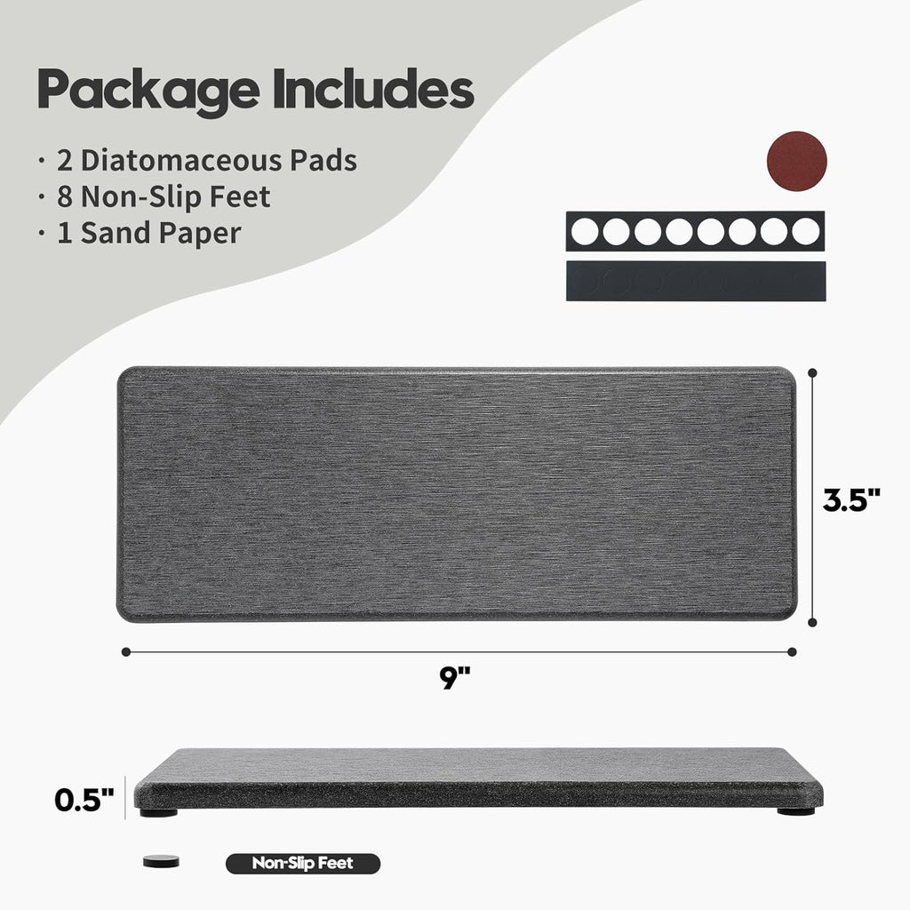 2PCS Bathroom Trays, Water Absorbing Diatomite Stone Quick Drying Mat for Kitchen Counter, Dish Rack Soap Dispenser Sponge Holder Caddy Sink Vanity Organizer, Dark Gray Slate,9"x3.5"