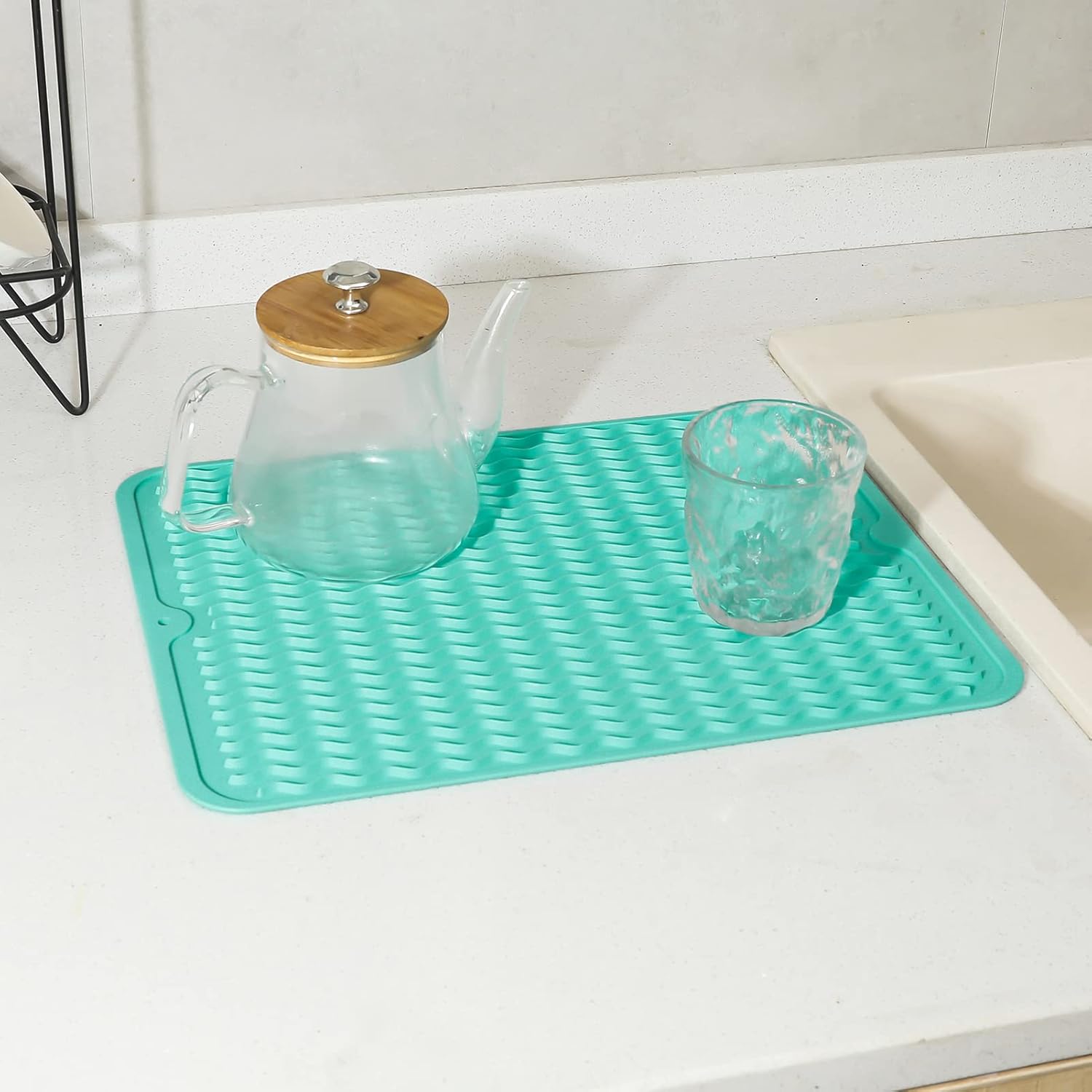 Silicone Dish Drying Mat for Multiple Usage,Easy clean,Eco-friendly,Heat-resistant Silicone Mat for Kitchen Counter or Sink,Refrigerator or drawer liner Mint L 16 inches x 12 inches