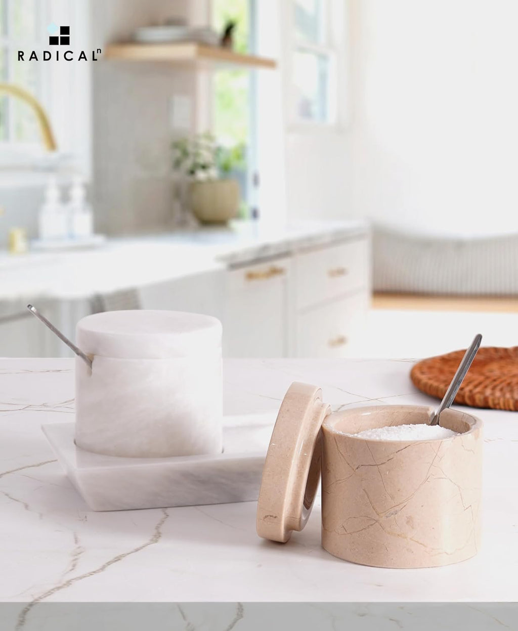 Radicaln Marble Salt Cellar With Lid and Tray 3" Inch White and Verona Set of 2 Salt Bowl & Spice Storage Container for Kitchen countertop, Ideal Sugar Bowl
