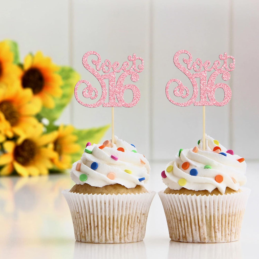 Gyufise 24 Pack Happy Sweet 16 Cupcake Toppers Glitter Sixteen 16th Birthday Cupcake Picks Cheers to 16 Years Old Cupcake Decorations for 16th Birthday Anniversary Party Cake Decorations Supplies Pink