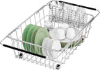 Large Sink Dish Drying Rack, Expandable 304 Stainless Steel Metal Dish Drainer Rack Organizer Shelves with Stainless Steel Utensil Holder Over Inside Sink, Rustproof