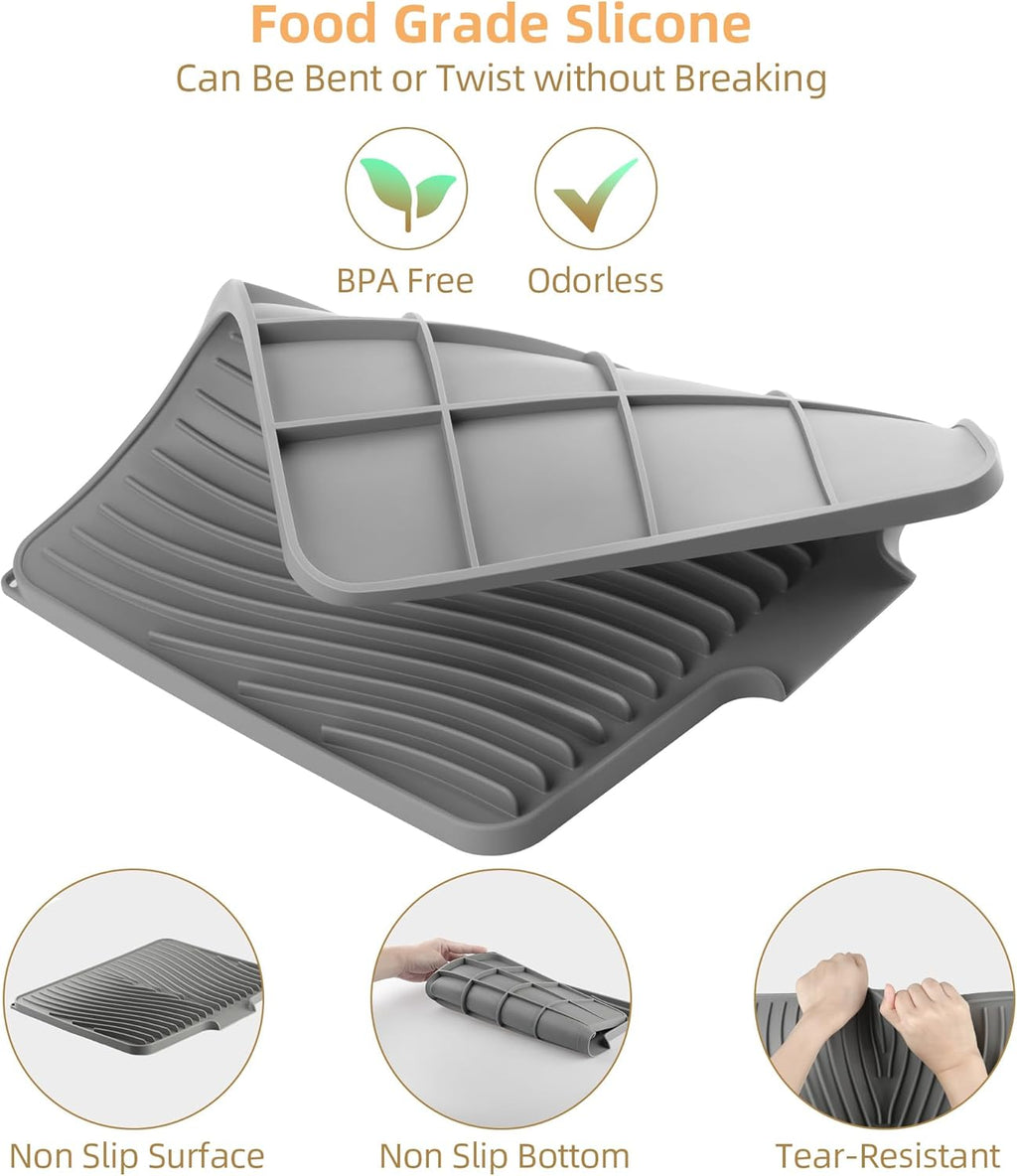Fuyit Silicone Dish Drying Mat with Raised Drain Lip, Inclined Design, 16" x 13" Heat Resistant Non-Slip Mat for Kitchen Counter or Sink (Gray）