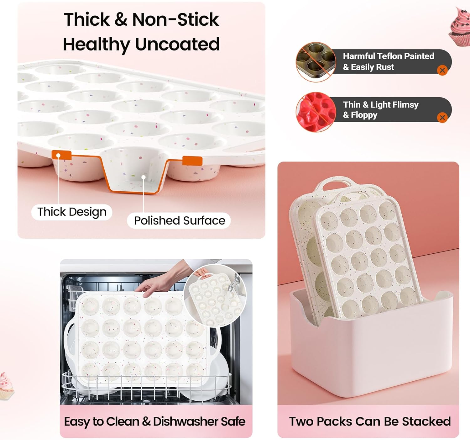 Muffin Pans With Metal Reinforced Frame - 24 Cups Durable Silicone Baking Pan for Muffins, Cupcakes, BPA Free and Dishwasher Safe - Beige with Rainbow Spots, Set of 2