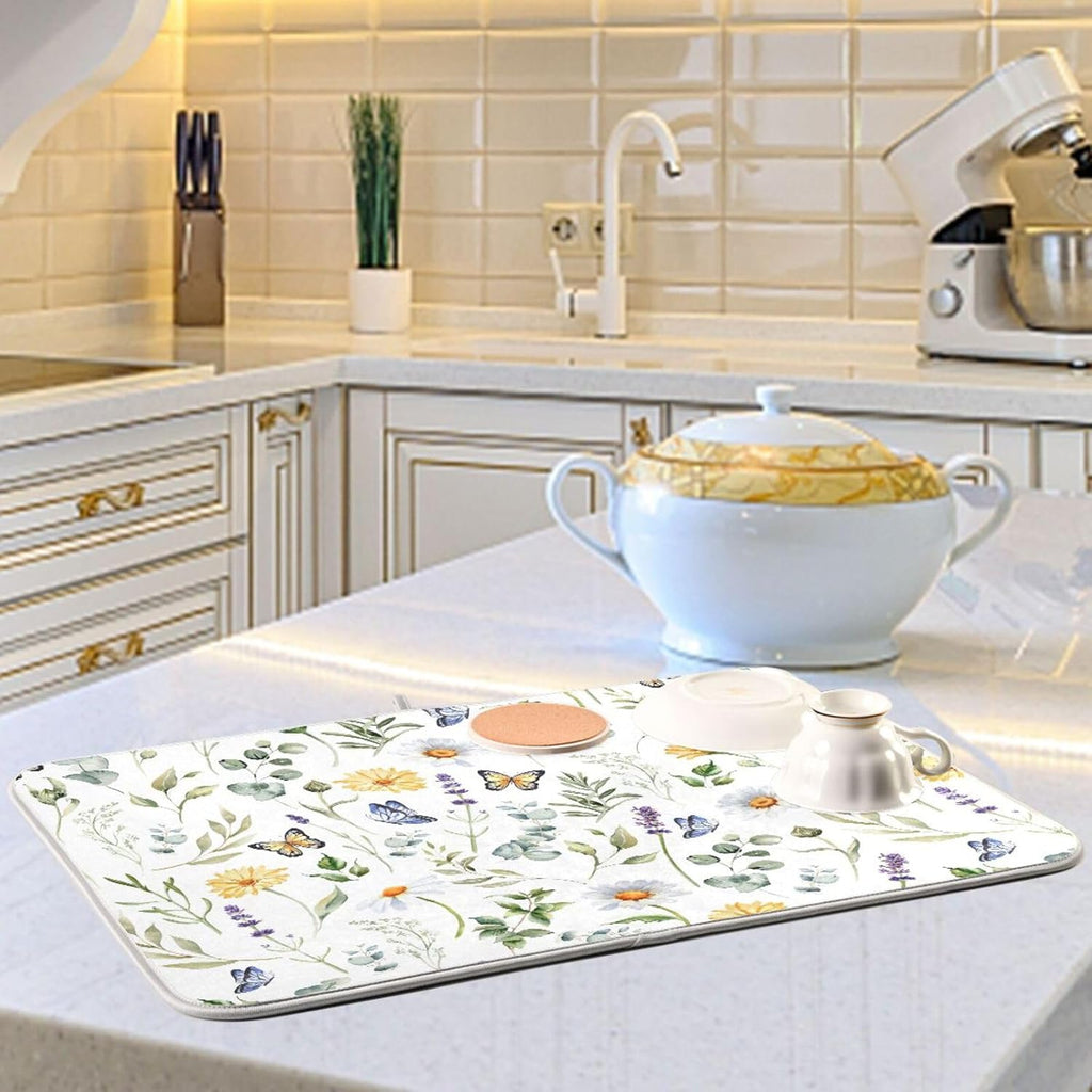 Wildflowers Butterflies Botanical Leaves Dish Drying Mat for Kitchen Counter Absorbent Microfiber Drying Pad, Medium 16x18 in, Reversible Drainer Mats