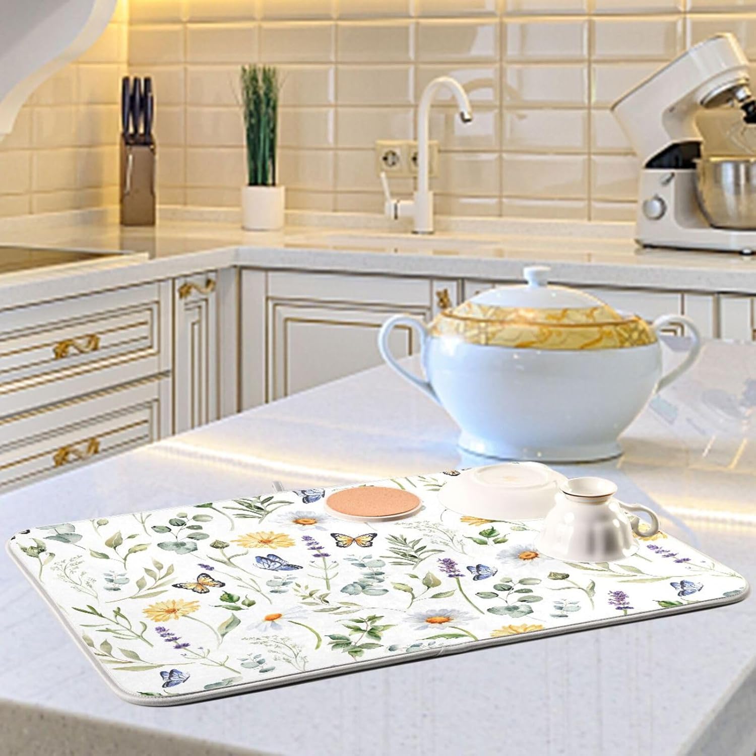 Wildflowers Butterflies Botanical Leaves Dish Drying Mat for Kitchen Counter Absorbent Microfiber Drying Pad, Medium 16x18 in, Reversible Drainer Mats