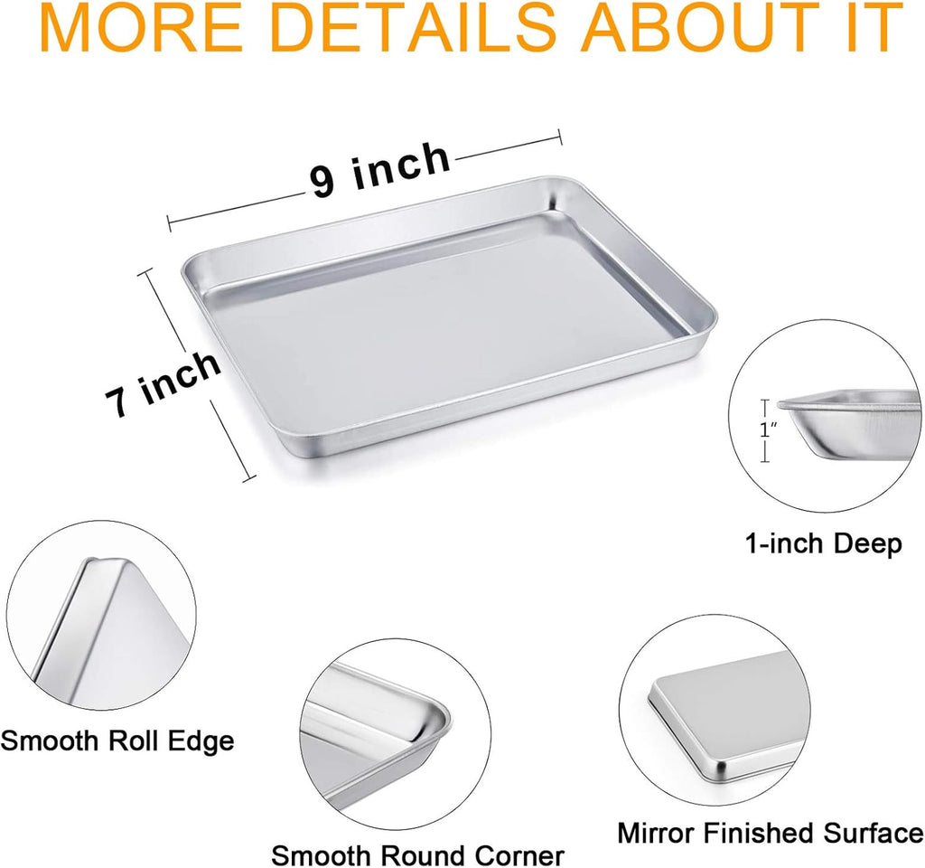 TeamFar 9'' x 7'' x 1'' Toaster Oven Pan with Rack Set of 4, Stainless Steel Compact Toaster Ovenware Pan with Cooling Rack, Healthy & Heavy Duty, Easy Clean & Dishwasher Safe, (2 Pans + 2 Racks)