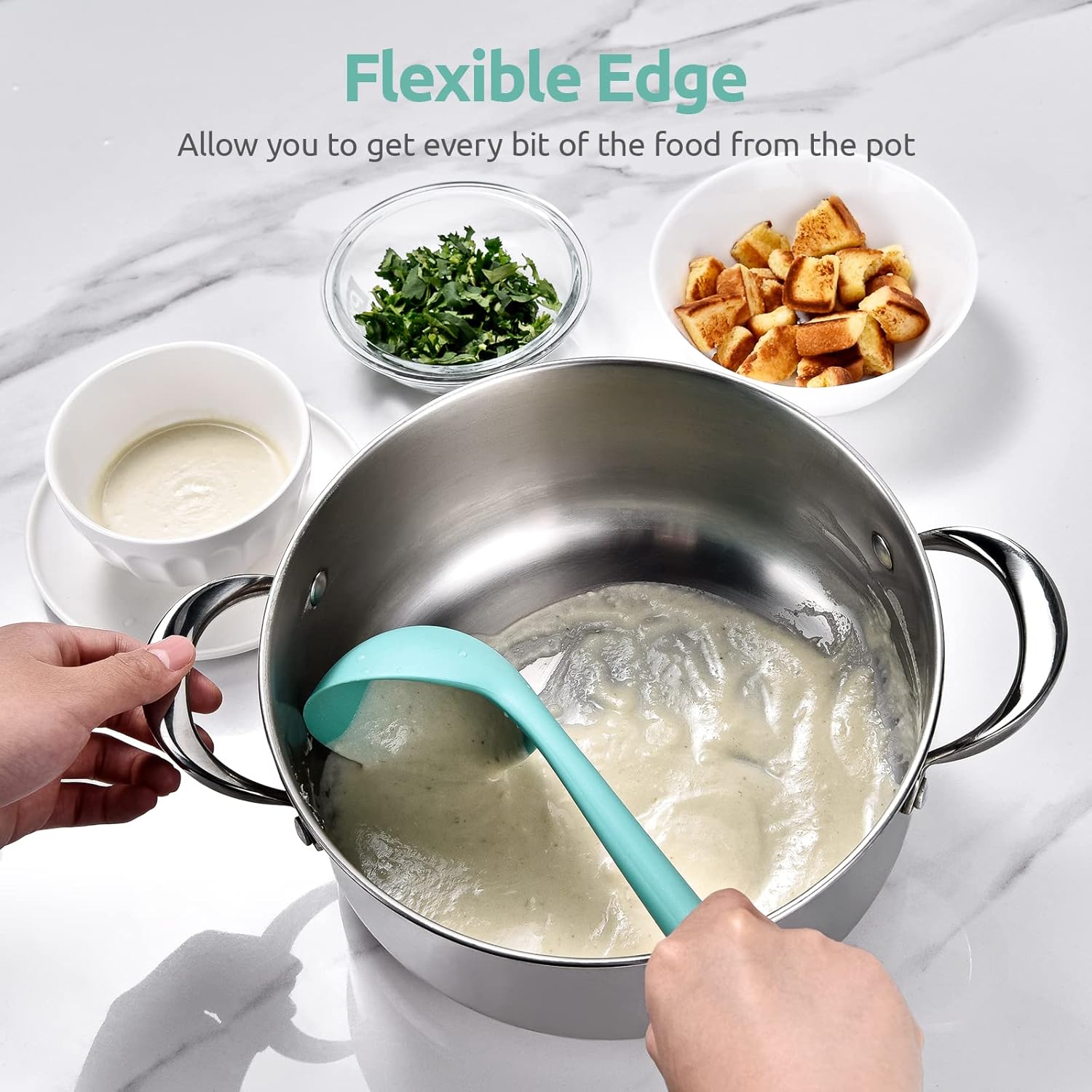13 inch Silicone Soup Ladle: U-Taste 600ºF Heat Resistant 4 oz Large Non-stick Seamless Rubber Kitchen Deep Serving Spoon with Non-slip Solid Long Handle for Cooking Sauce/Stews/Gravies (Aqua Sky)