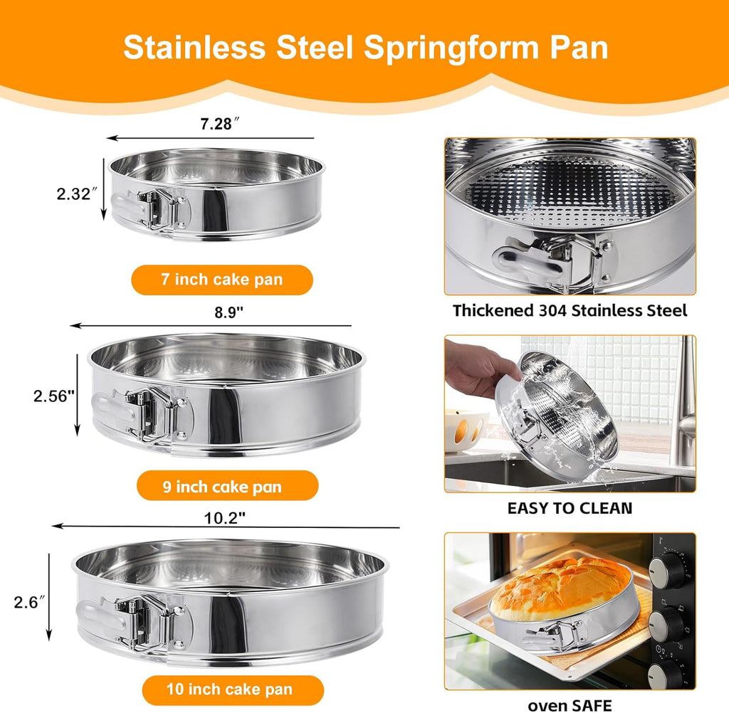 Aufind Springform Pan Set for Baking (9,10inches), 304 Stainless Steel Springform Cake Pan with Removable Bottom, Cheesecake Pan with 50PCS Parchment Paper for Pie Cake Pizza and Quiches