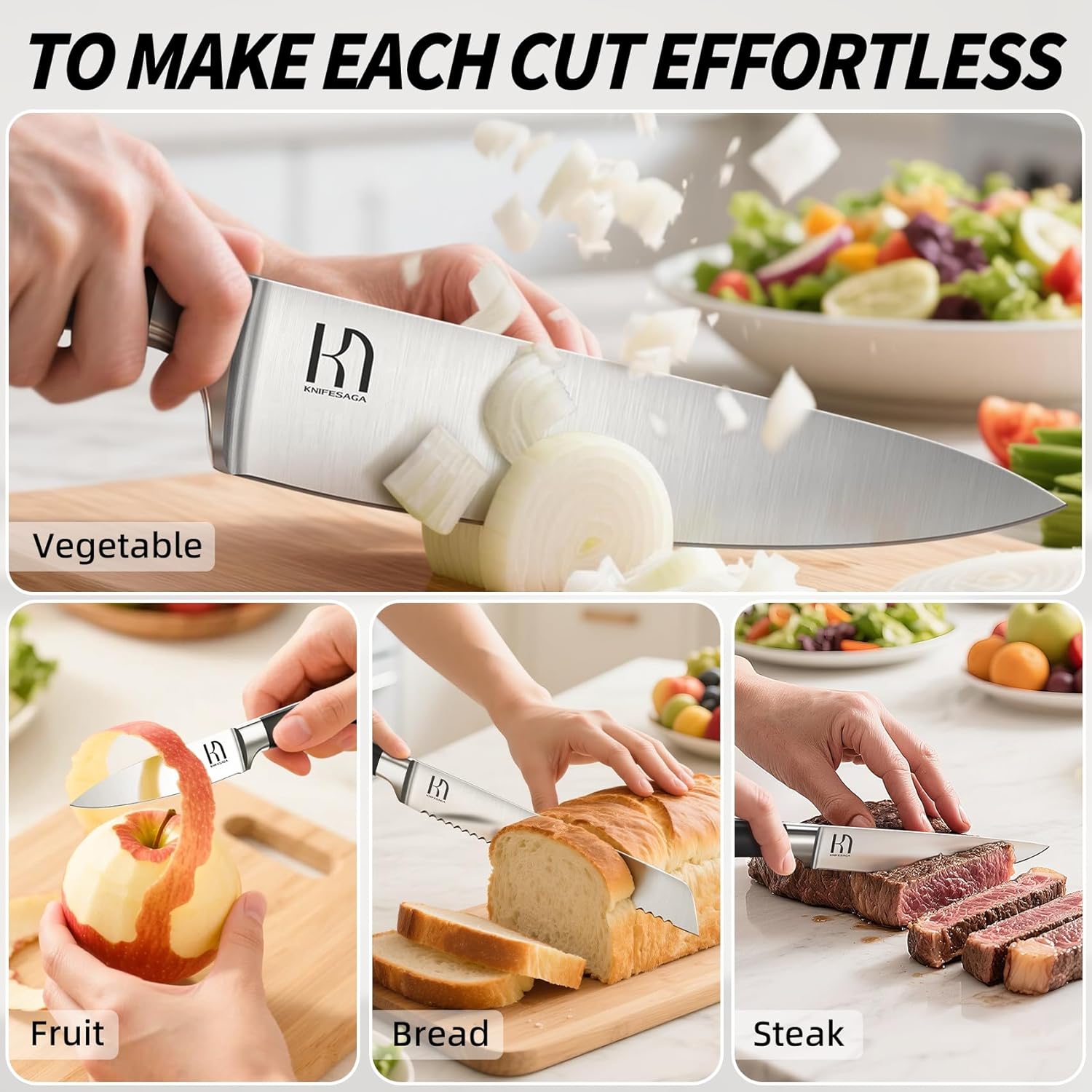 Knife Set 15 Pcs Japanese High Carbon Stainless Steel Kitchen Knife Sets with Block and Sharpener, Premium Razor Sharp Black Knives Block Set for Kitchen with Ergonomic Full-tang Handle