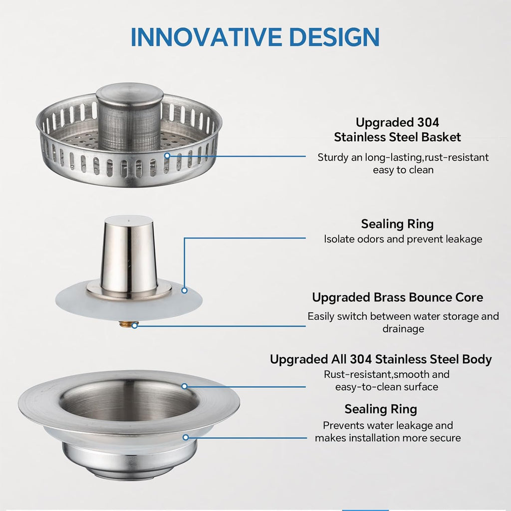 SELLO 3 in 1 Kitchen Sink Drain Strainer, 304 Stainless Steel Pop-Up Sink Stopper with Filter Basket, Anti-Clogging Sink Drain Strainer for 3-1/2''Drain Hole of US Standard Kitchen Drain