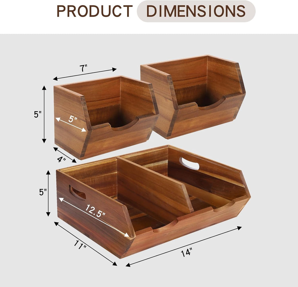 3 in 1 Acacia Wood Pantry Storage Bins for Kitchen（No installation Required）-Potato and Onion Storage Bins，2-tier Vegetable and Fruit Organizer with Anti-slip Mat，Stacking Bins for Kitchen & Pantry