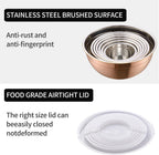 Rose Gold Mixing Bowls with Lids Set of 7, Stainless Steel Nesting Bowl with Khaki Lid for Non-slip Mixing Prepping Storing Serving, 7 Sizes-7/3.6/2.7/2.1/1.5/1/0.8 QT
