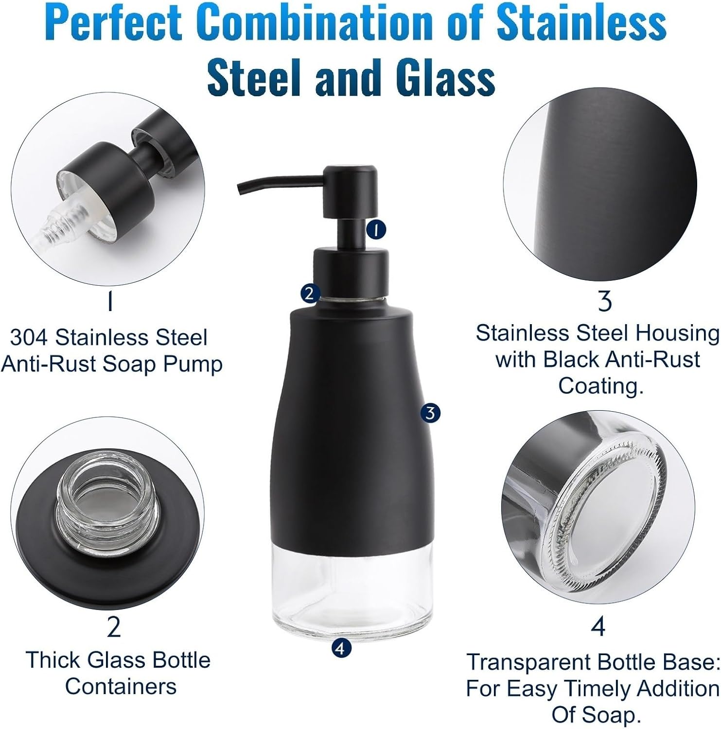 Gaussra Black Soap Dispenser with Coaster and Stickers, Dish Soap Dispenser for Kitchen, Hand Soap Dispenser for Bathroom, 304 Stainless Steel Glass Lotion Dispenser (2 Pack)